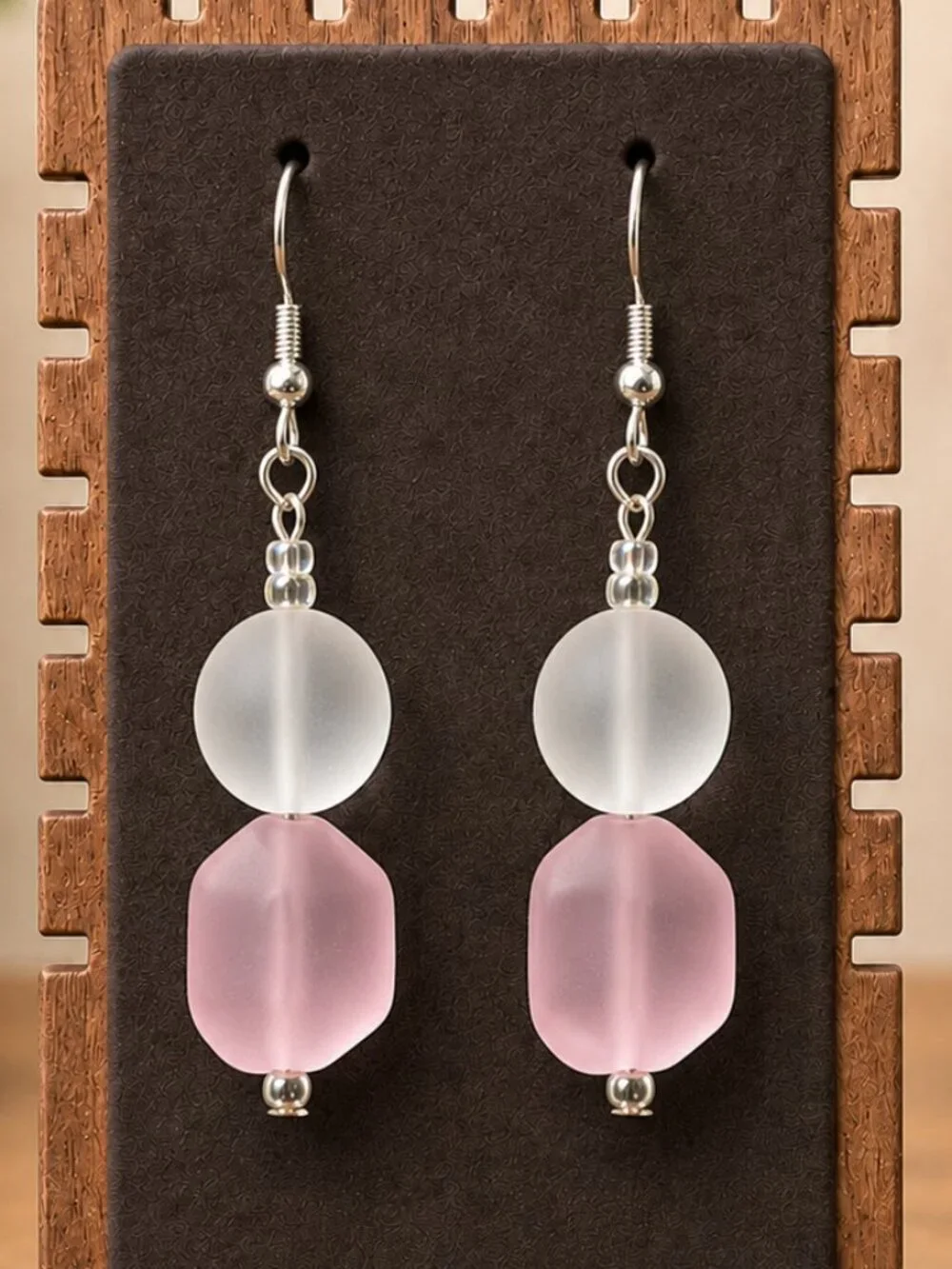 White & Pink Sea Glass Drop Earrings | Handmade
